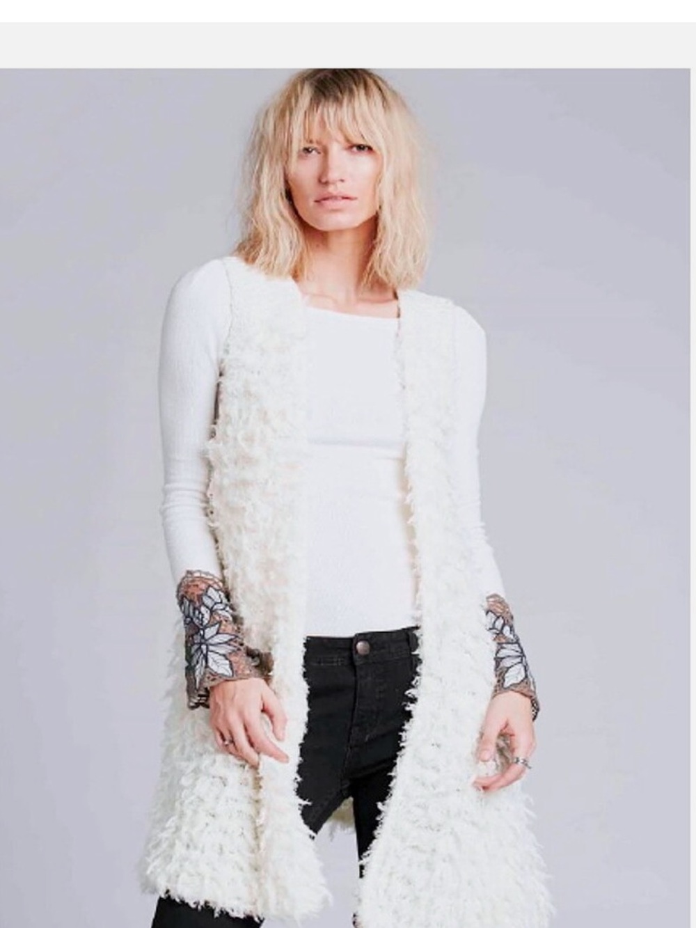 Free People White Faux-Fur Sleeveless Long Vest
